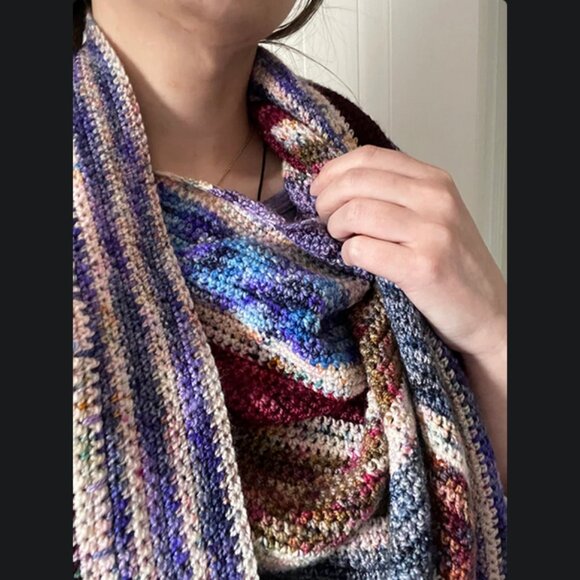 NEW Lg Shawl Earthy & Warm Oversized Stripes Multicolor Merino Wool Wrap Crochet - Picture 4 of 4